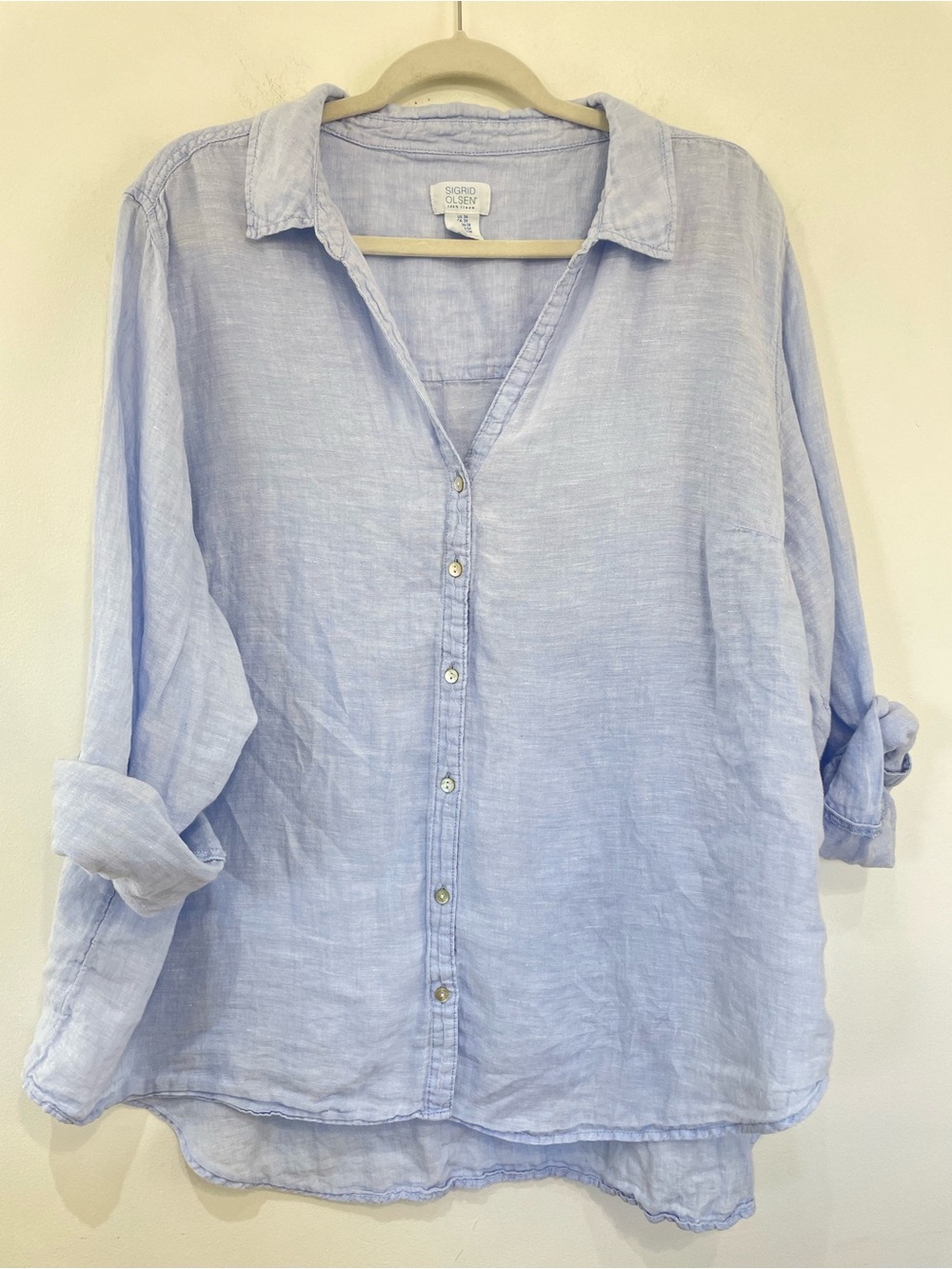 SIGRID OLSEN Linen Shirt 3X Light Blue Button Front Roll Tab Sleeve Coastal Top - Picture 3 of 5